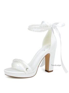 Pearl Platform Heeled Sandals Satin Chunky Heel Wedding Bride Shoes